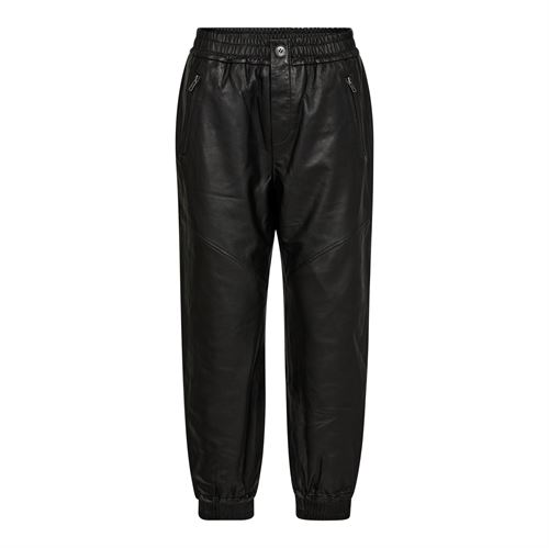 CO`COUTURE BUKSER, PHOEBE LEATHER ZIP JOGGERS, BLACK