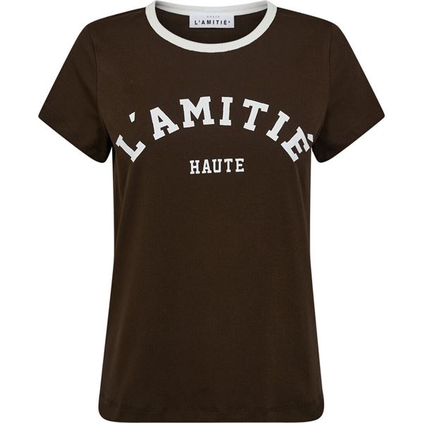 HAUTE L`AMITIÉ T-SHIRT, NECKLINE LOGO TEE, MOCCA