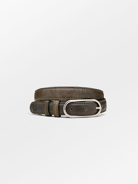 BECK SØNDERGAARD BÆLTE, CRUSHED SLIM LEATHER BELT, BLACK OLIVE